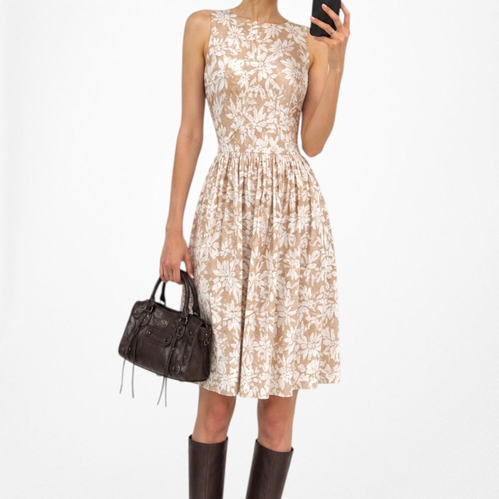 Vintage Y2K Beige White Floral Print Sleeveless Knit Knee Length Dress Size M